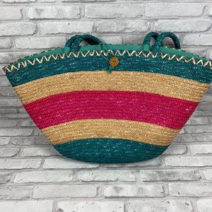 XL Beach Bag Woven Green Pink Hobo Hippie Boho